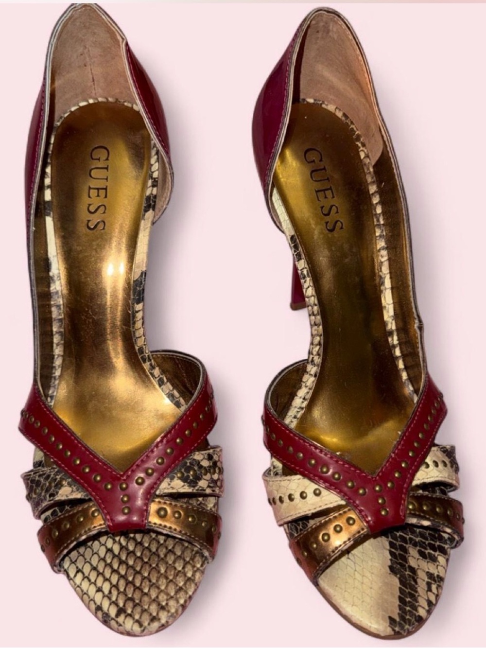 Vintage GUESS Women's Red Snakeskin-Accent D'Orsay Heels
